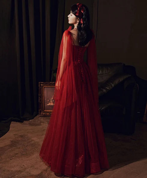 Red Spaghetti Strap Corset Glitter Tulle Prom Dress With Tulle Cape