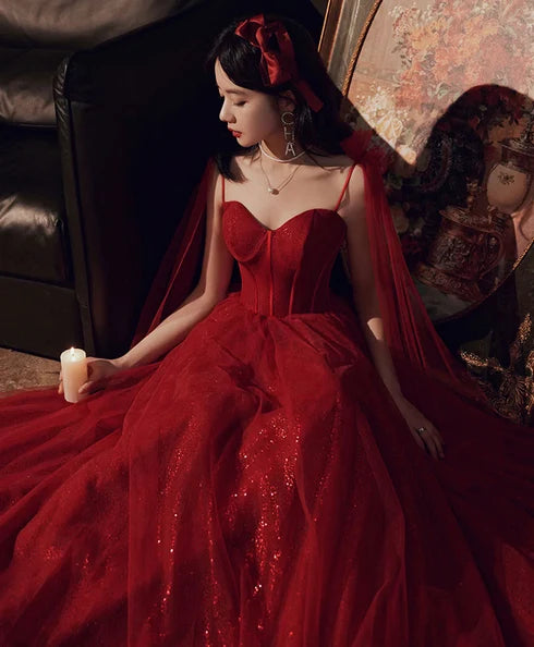 Red Spaghetti Strap Corset Glitter Tulle Prom Dress With Tulle Cape