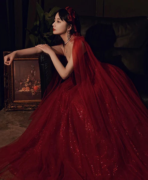 Red Spaghetti Strap Corset Glitter Tulle Prom Dress With Tulle Cape