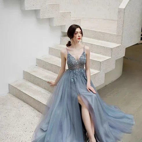 Dusty Blue Spaghetti Strap Beaded Tulle Slit Prom Dress