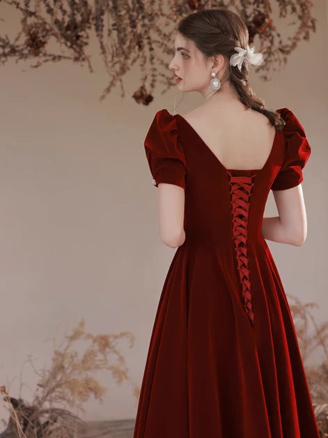 Burgundy Velvet A-Line Sweetheart Lace-Up-Back Floor-Length Dress