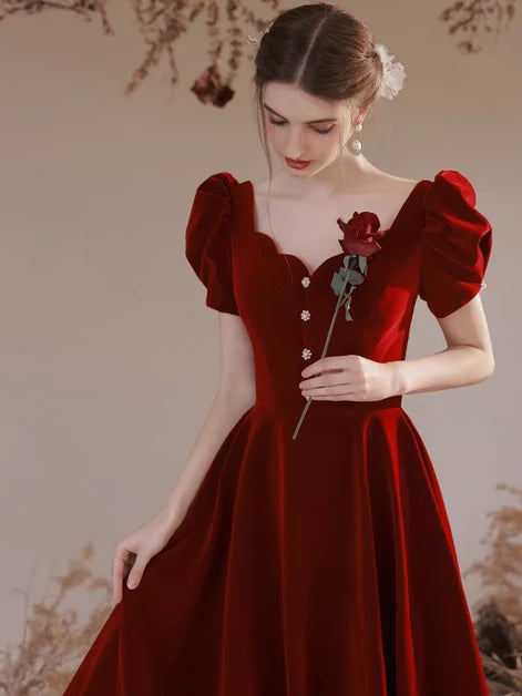 Burgundy Velvet A-Line Sweetheart Lace-Up-Back Floor-Length Dress