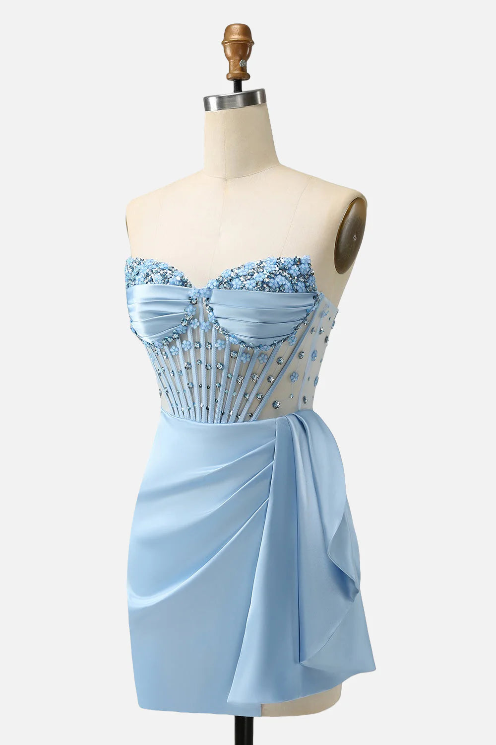 Vestido Weitese azul con cuentas, fruncido, ajustado, corto, con chal, para regreso a casa 