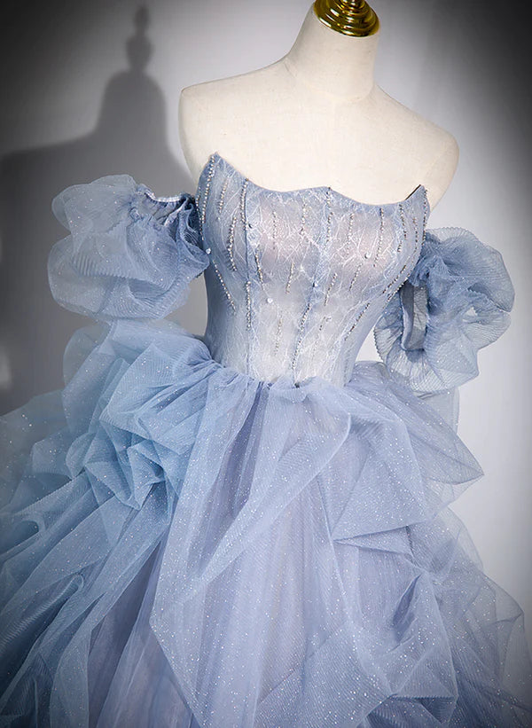 Floor Length Ruffle Blue Tulle Long Beaded Off Shoulder Prom Dress