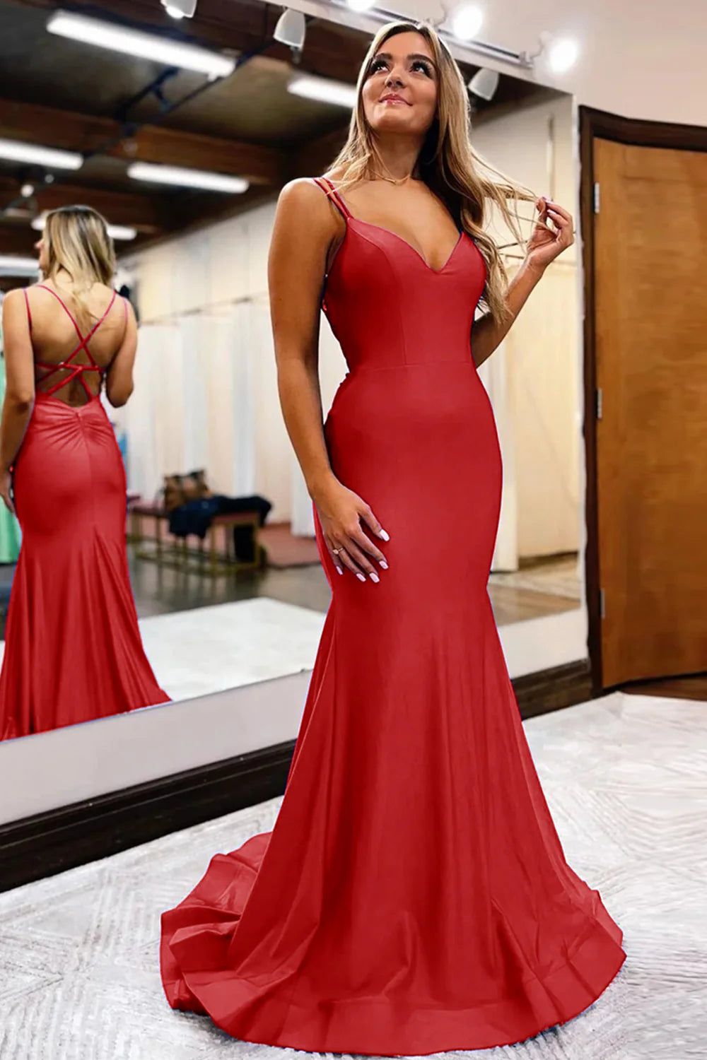 Vestido de fiesta largo con escote en V profundo, largo hasta el suelo, sin espalda, corte sirena y tirantes finos