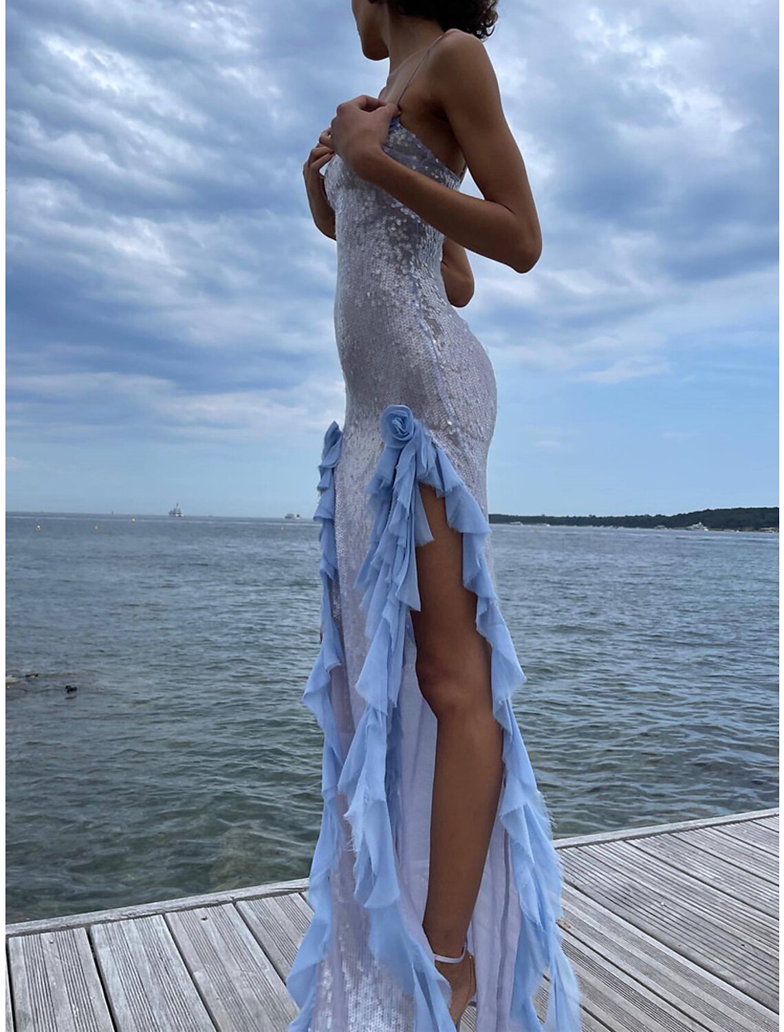 Weitese Women's Sequin Dress Prom Dress Party Dress Sparkly Dress Cocktail Dress Long Dress Maxi Dress Blue Sleeveless Summer Spring Fall Spaghetti Strap Fashion Evening