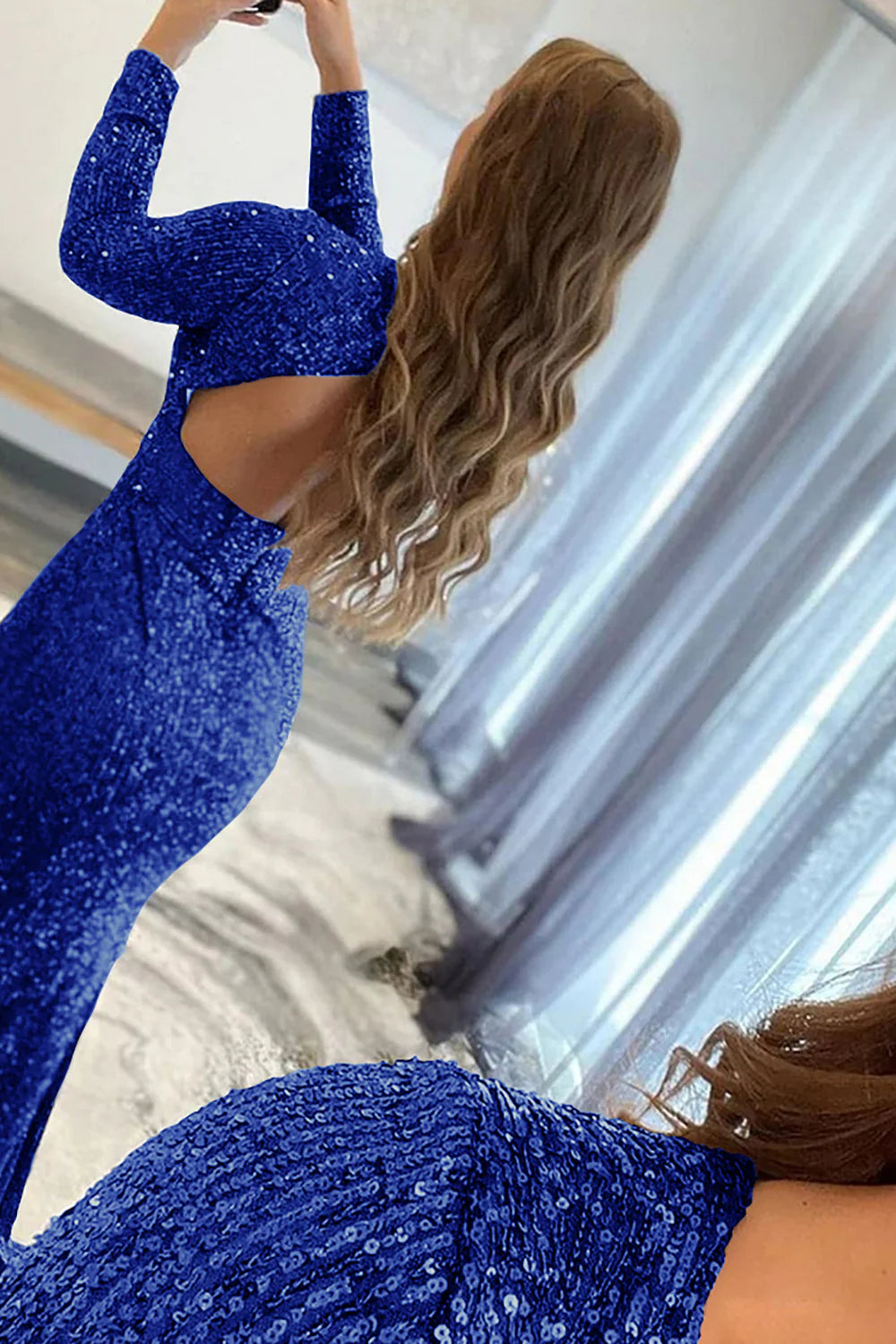 Vestido de fiesta de sirena con lentejuelas, escote en V y mangas largas