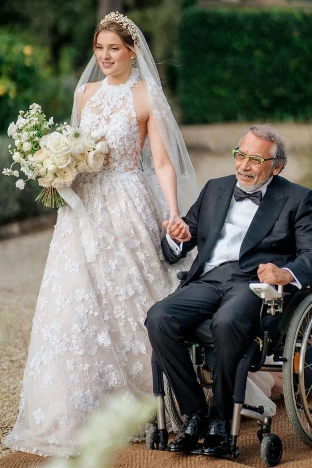 Ravissante robe de mariée trapèze à longue traîne et col licou avec appliques