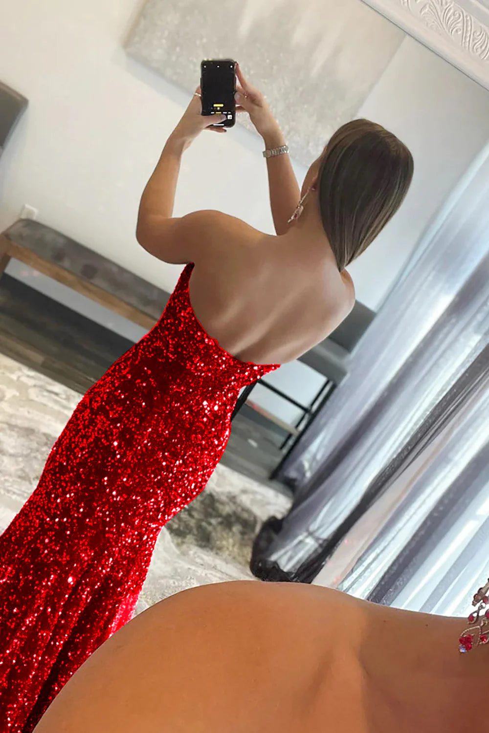 Off-the-Shoulder Sequins Mermaid Strapless Long Prom Dress With Slit