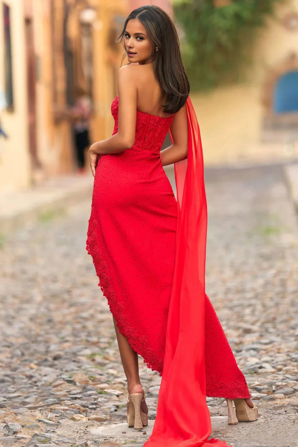 Weitese Dress Red Lace Gown One Shoulder Design Embroidered Bodice High Slit Skirt And A Mermaid Shape Prom Dress