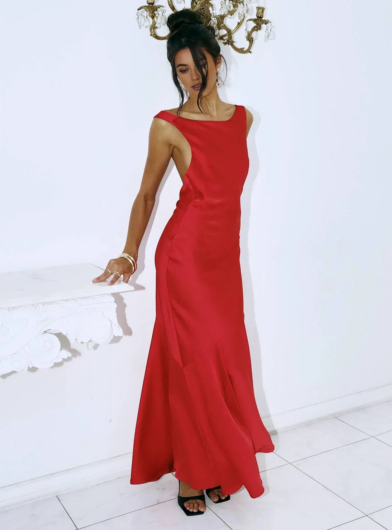 Red Satin Open - Back Tie - Waist Maxi Dress Cheap Prom Dresses