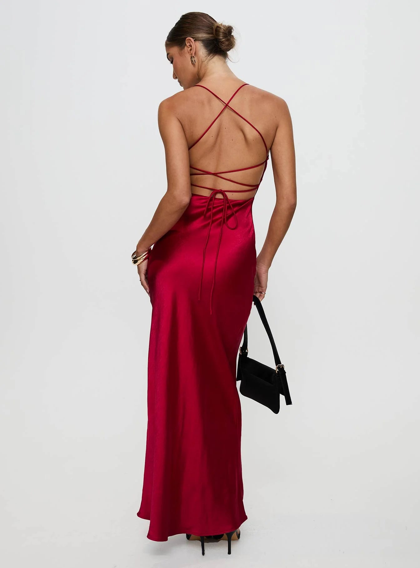Red Satin Spaghetti Strap Backless Lace - Up Maxi Dress Elegant Satin Prom Dresses for Ladies