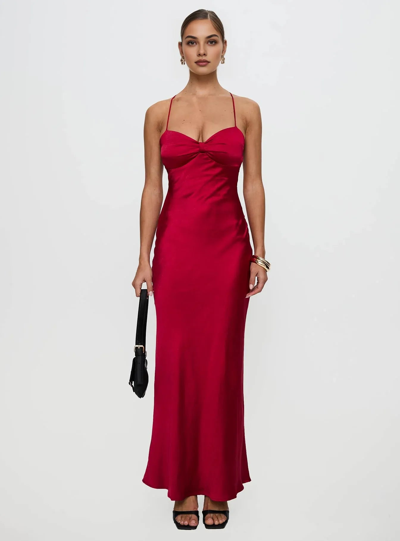 Red Satin Spaghetti Strap Backless Lace - Up Maxi Dress Elegant Satin Prom Dresses for Ladies