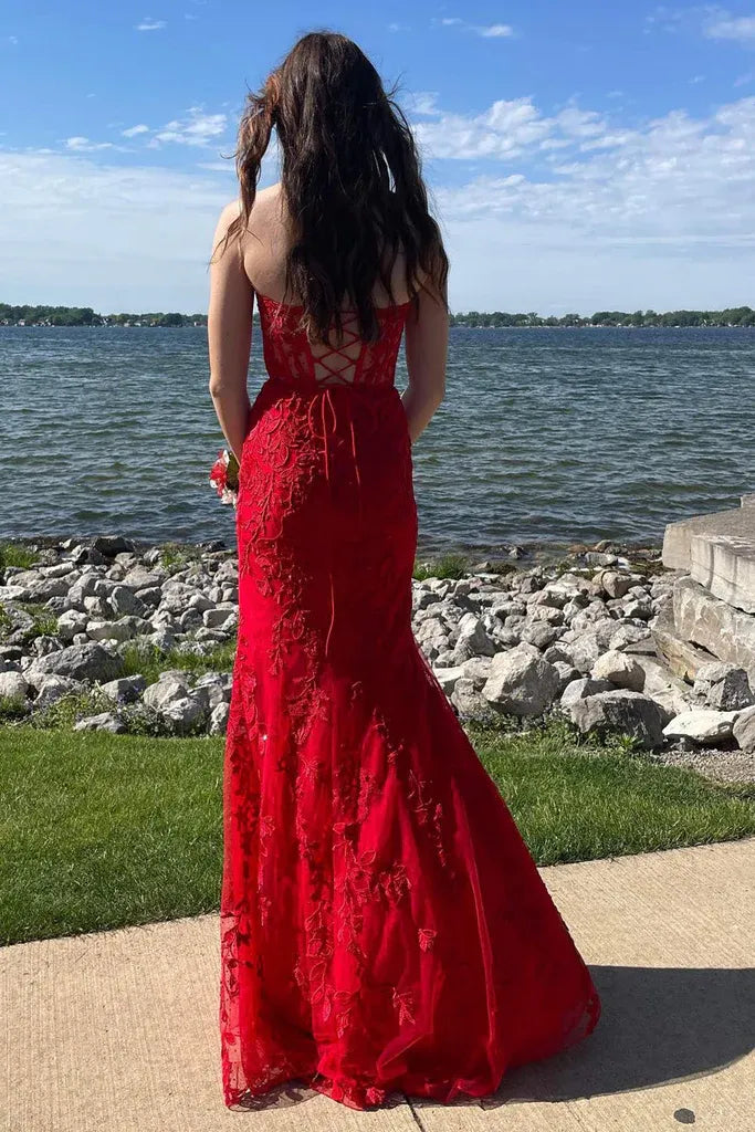 Red Strapless Sweetheart Lace Corset Criss Cross Back Mermaid Prom Dress