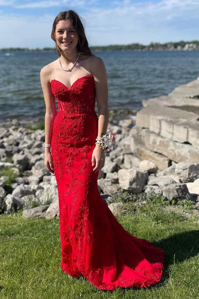 Red Strapless Sweetheart Lace Corset Criss Cross Back Mermaid Prom Dress