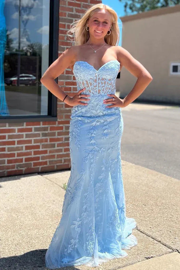 Red Strapless Sweetheart Lace Corset Criss Cross Back Mermaid Prom Dress