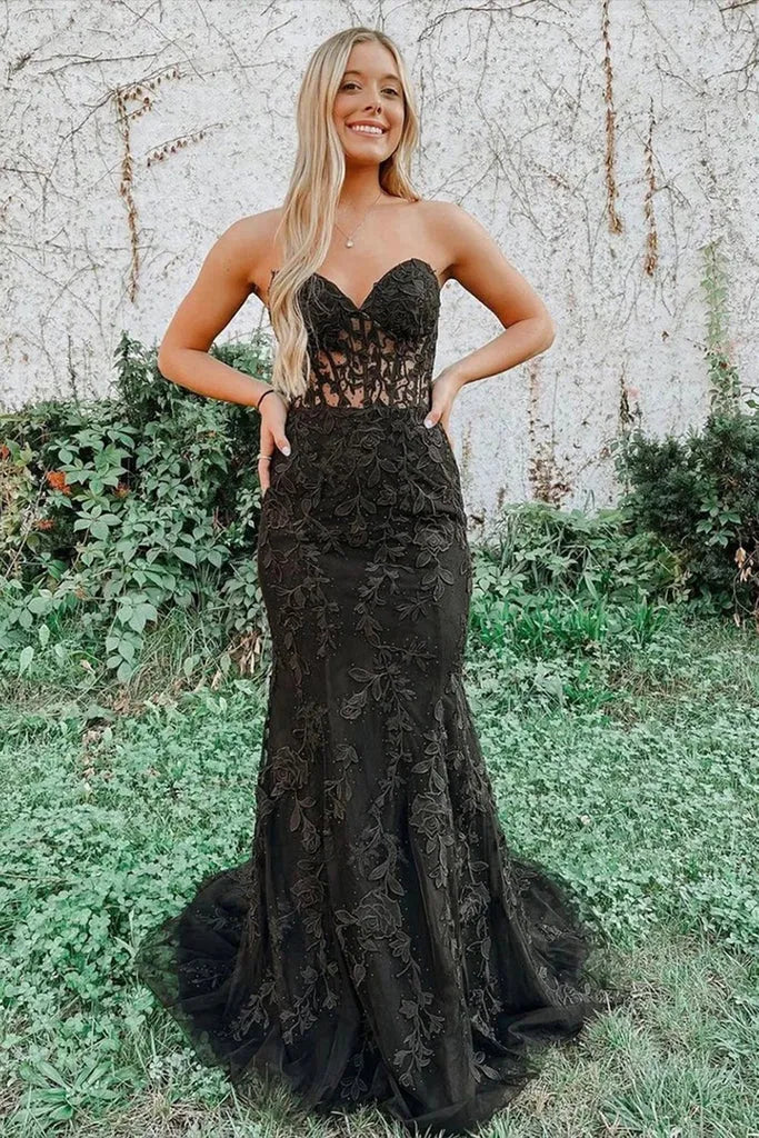 Red Strapless Sweetheart Lace Corset Criss Cross Back Mermaid Prom Dress