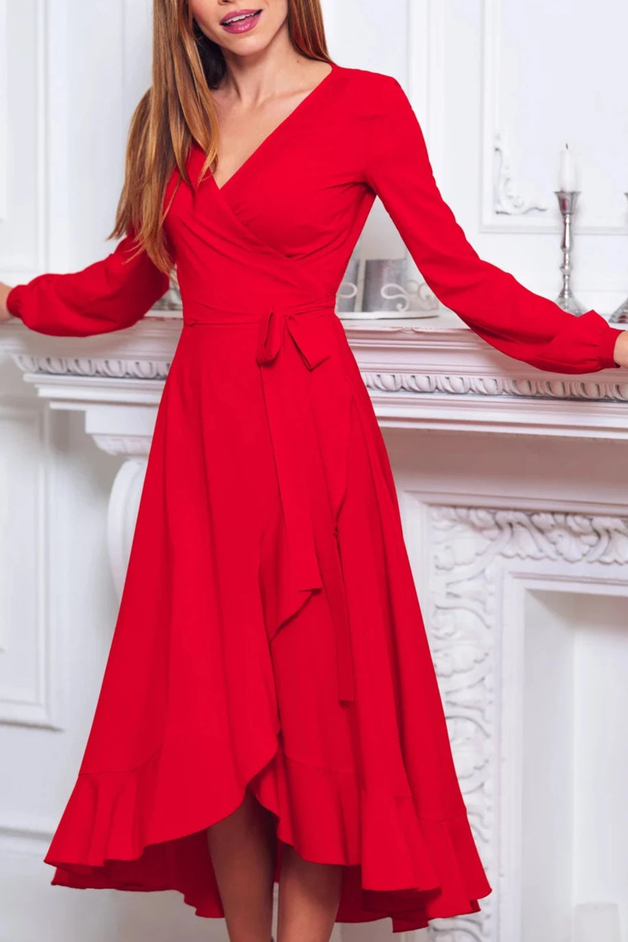 Red Chic V Neck Tea-Length A-line Long Sleeves Bridesmaid Party Prom Evening Dress