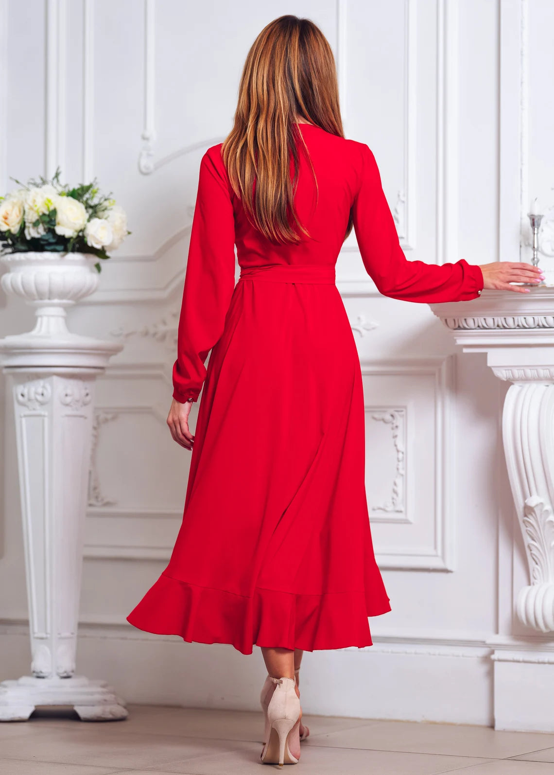 Red Chic V Neck Tea-Length A-line Long Sleeves Bridesmaid Party Prom Evening Dress