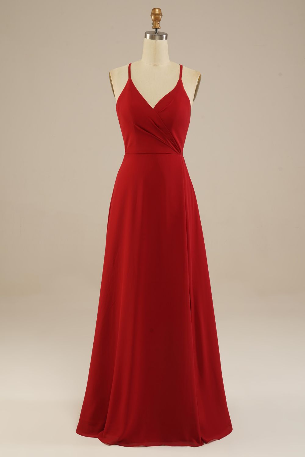 Weitese Red Floor Length Spaghetti Straps Chiffon Bridesmaid Dress