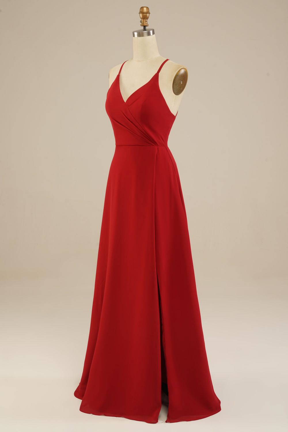 Weitese Red Floor Length Spaghetti Straps Chiffon Bridesmaid Dress