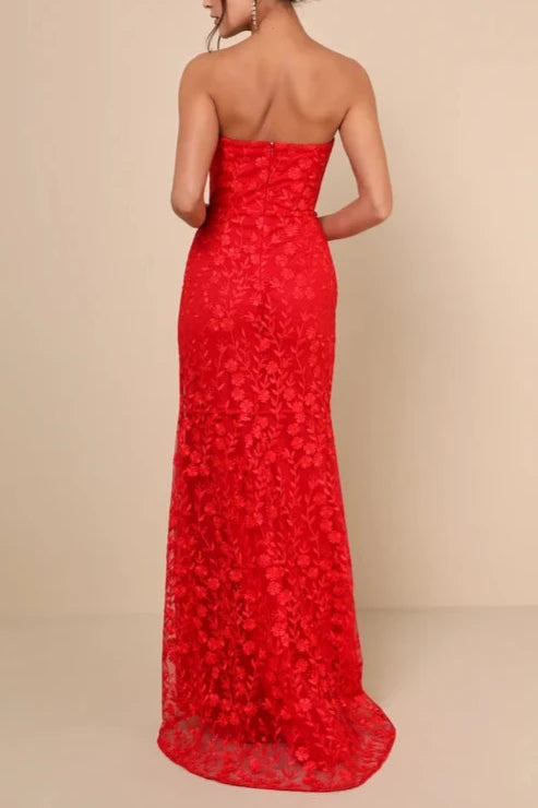 Weitese Formal Women's Dresses Romantic Beauty Red Floral Embroidered Strapless Slit Maxi Dress Prom Dress Stores