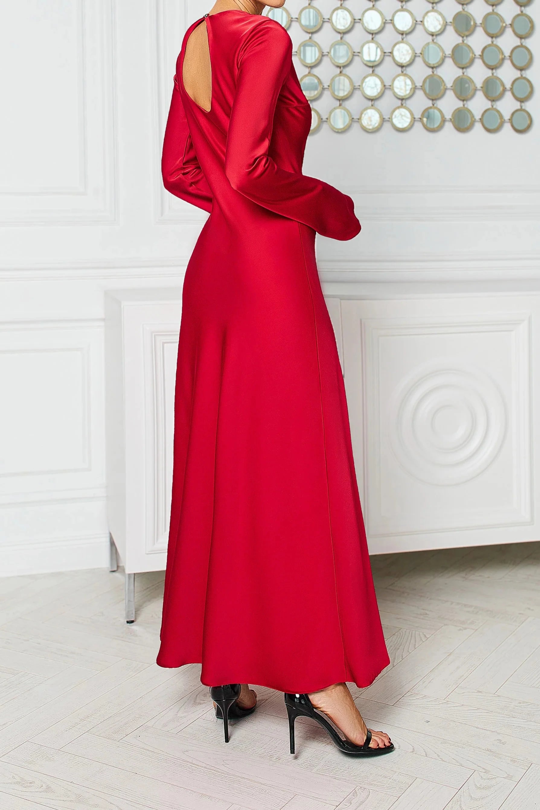 Red Satin Long Sleeve Maxi Dress Evening Dress Round Neck Backless Party Dress