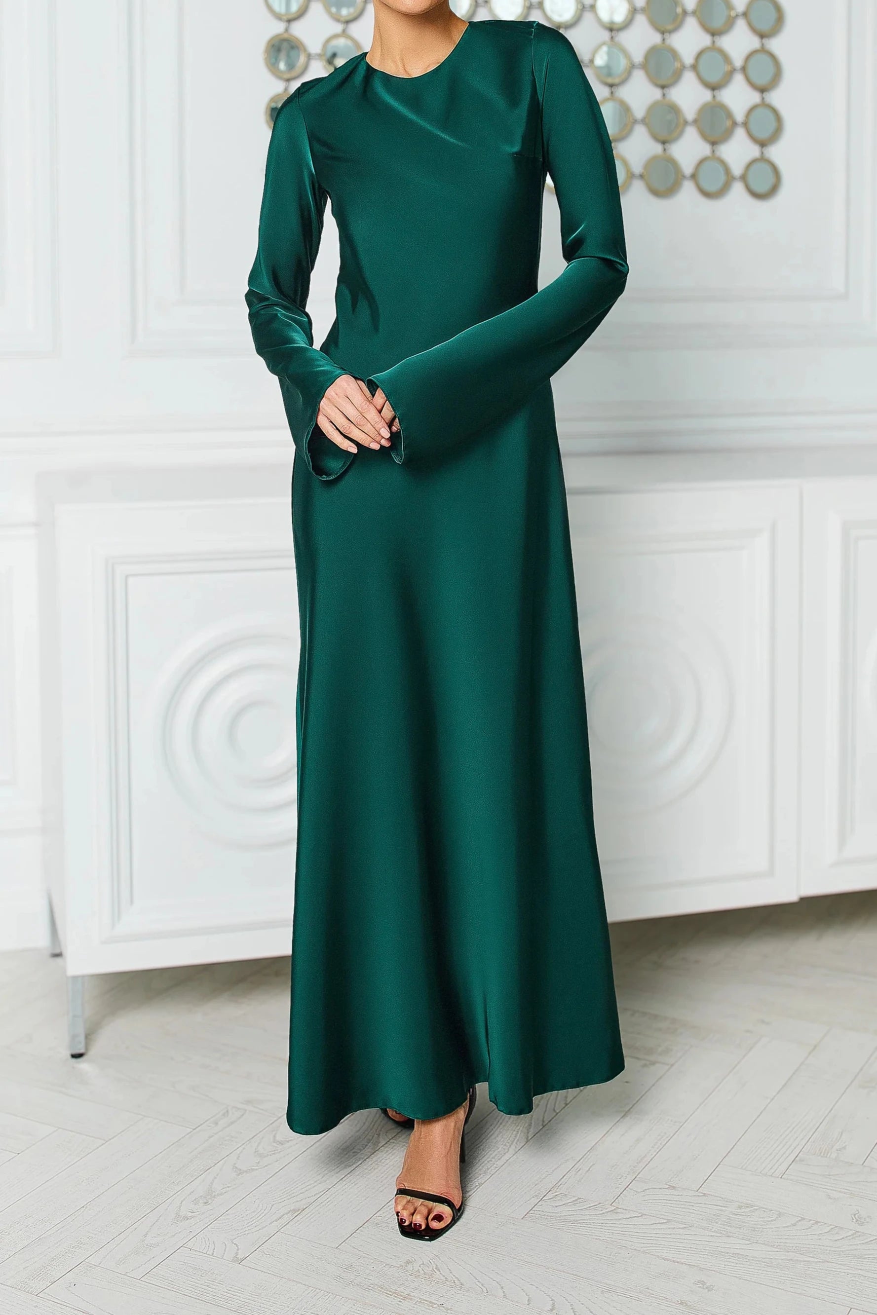 Red Satin Long Sleeve Maxi Dress Evening Dress Round Neck Backless Party Dress