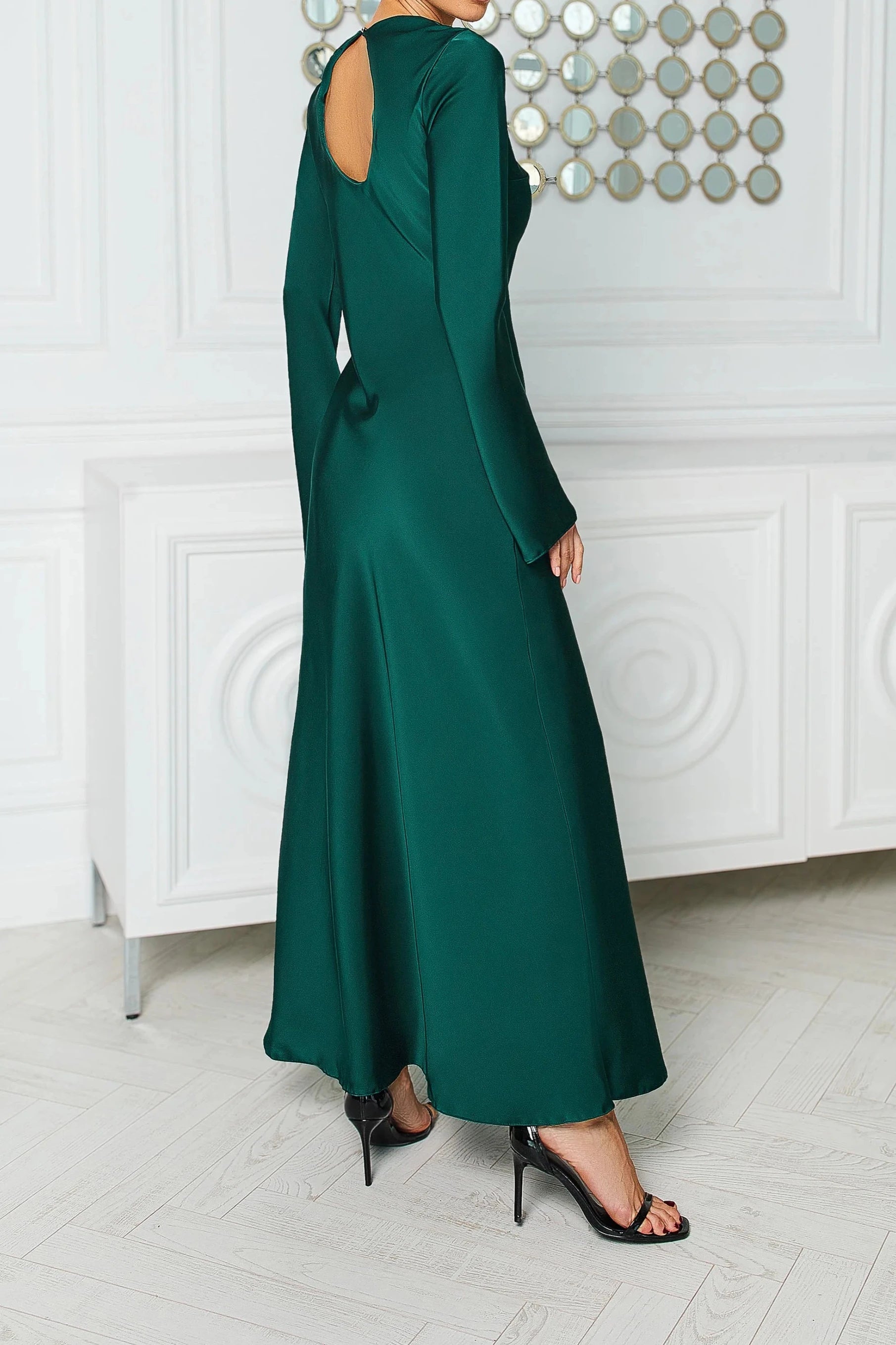 Red Satin Long Sleeve Maxi Dress Evening Dress Round Neck Backless Party Dress