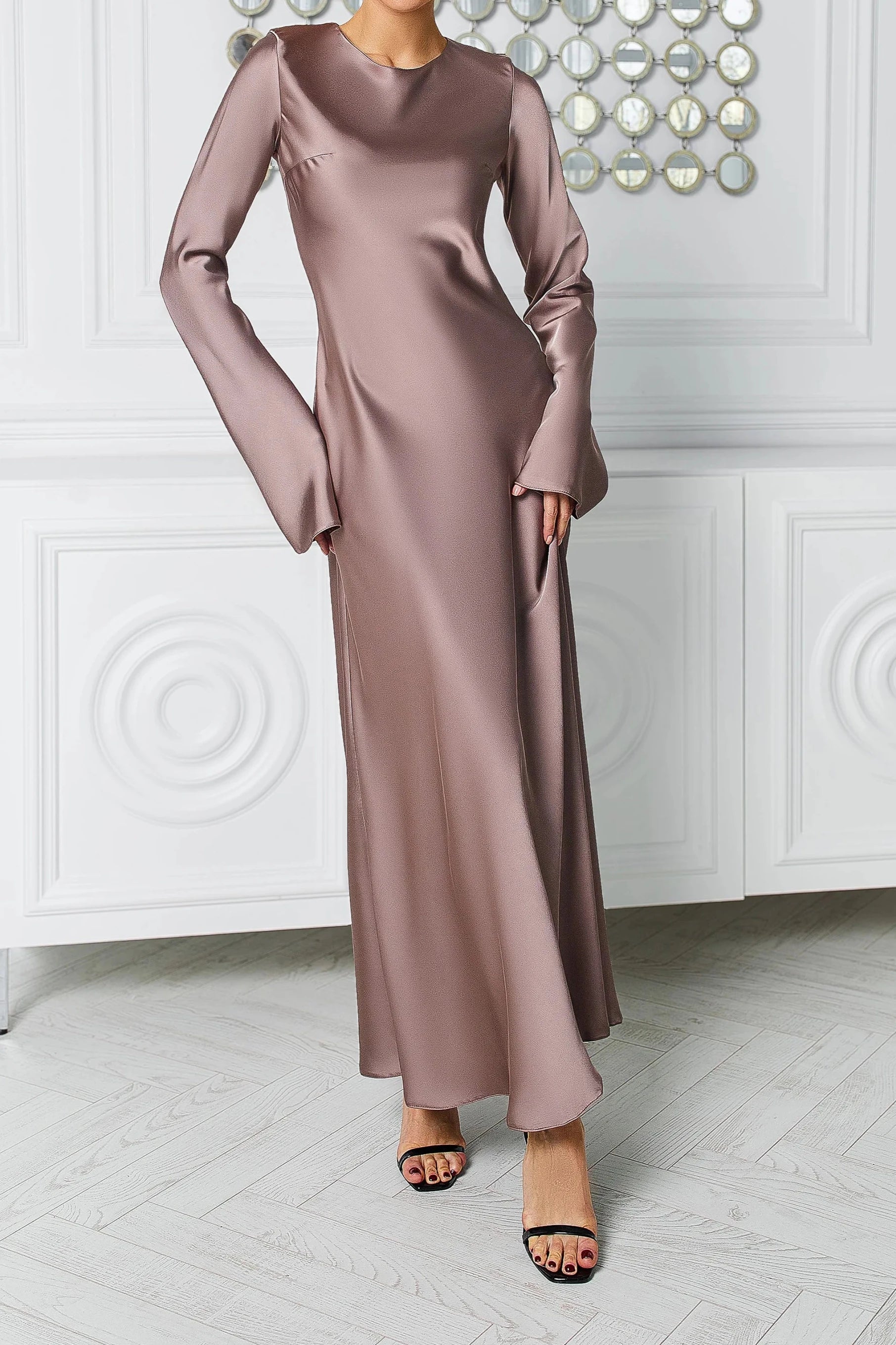 Red Satin Long Sleeve Maxi Dress Evening Dress Round Neck Backless Party Dress