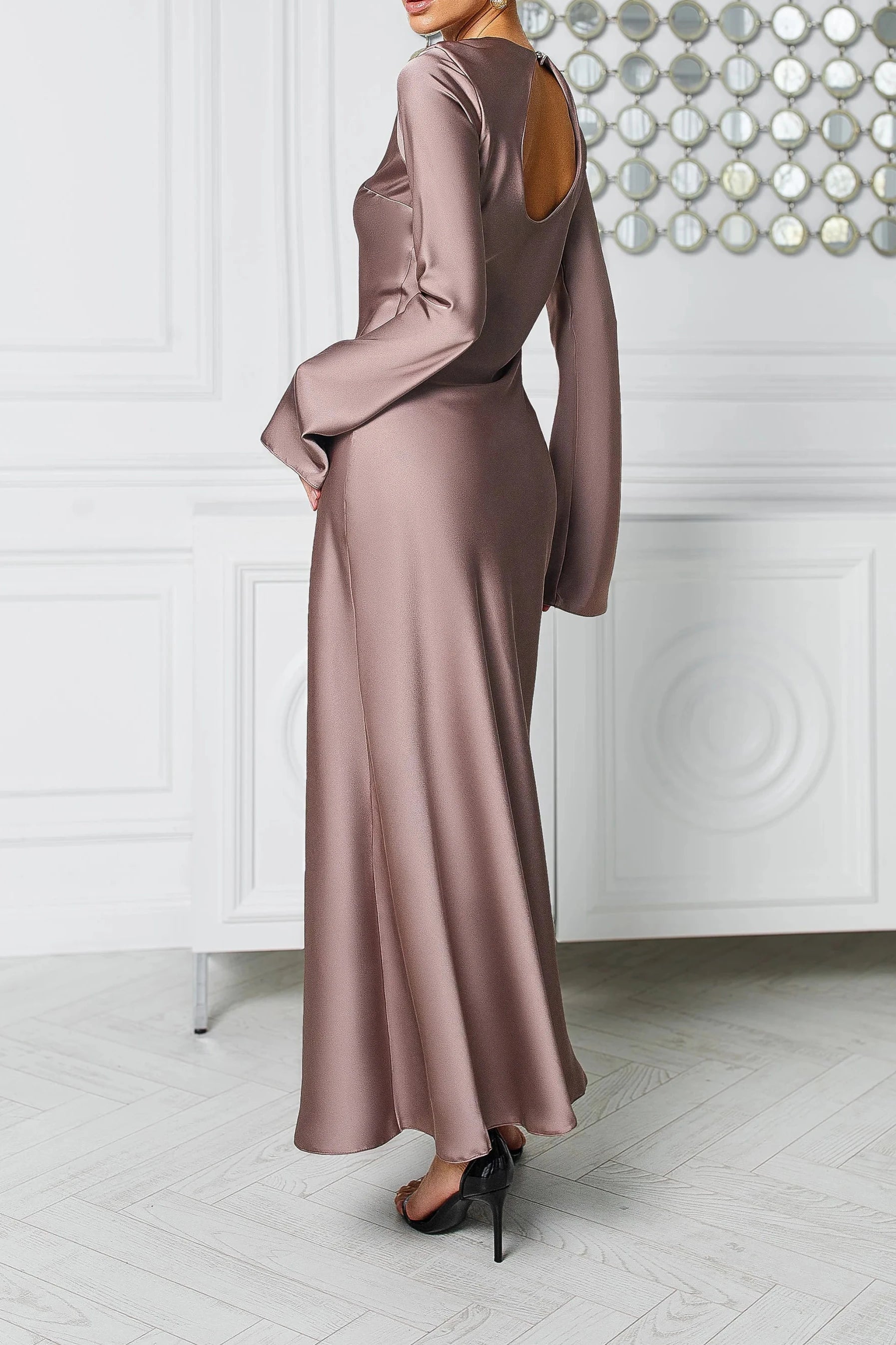 Red Satin Long Sleeve Maxi Dress Evening Dress Round Neck Backless Party Dress