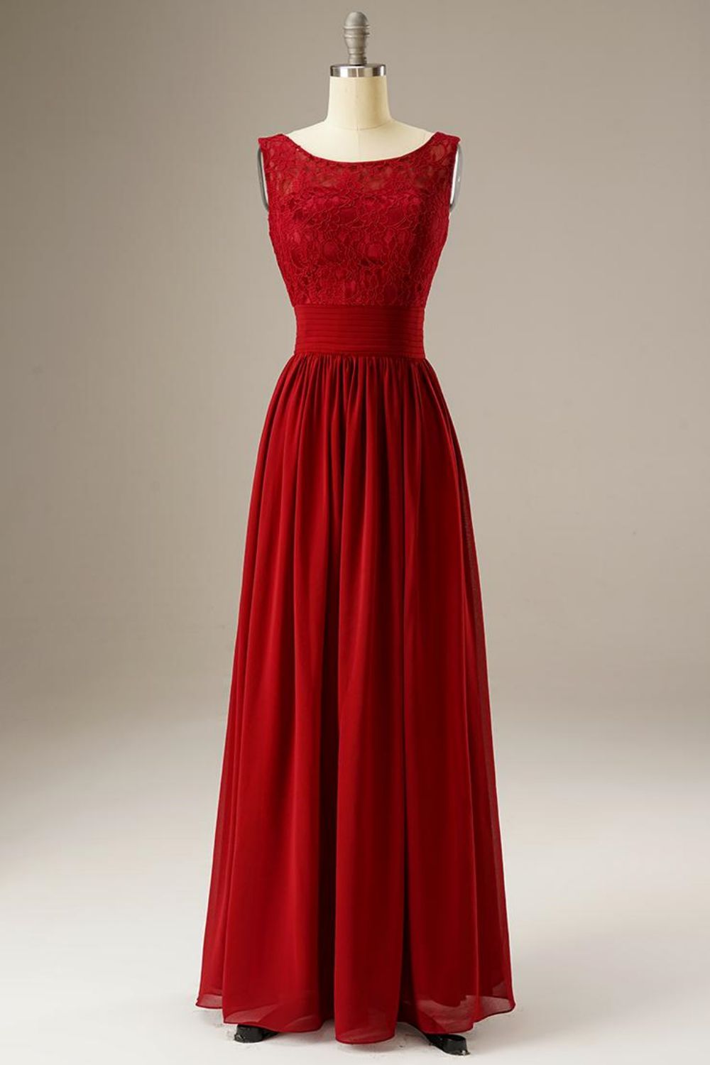 Weitese Red A Line Lace Top Chiffon Long Dress