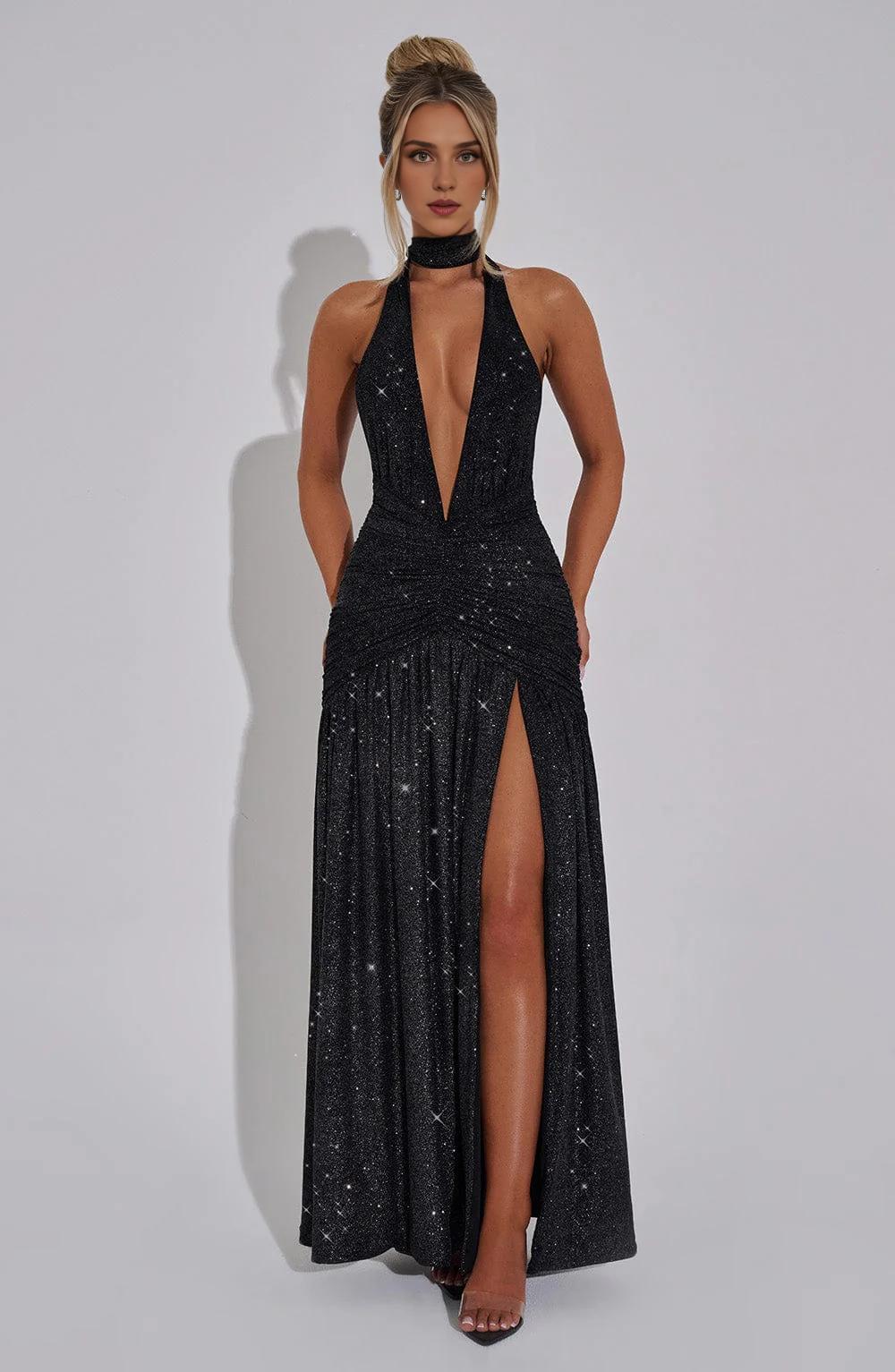 Red Shiny Luxury Low-cut Halter Neck Open Back Pleated High Slit Unique Long Prom Party Dress