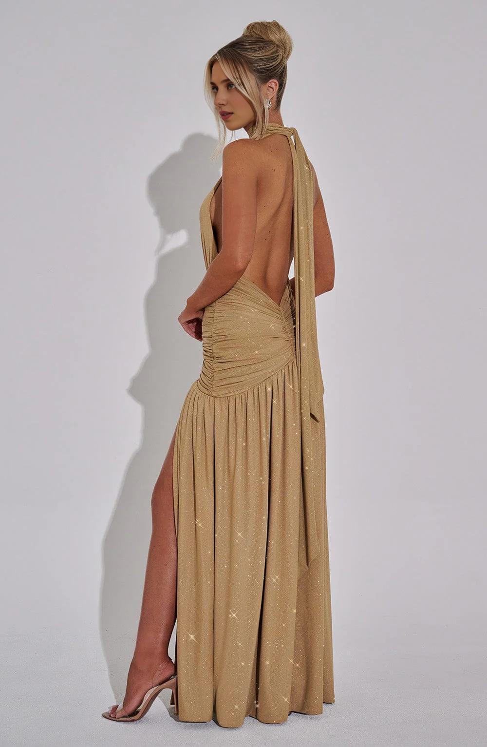 Red Shiny Luxury Low-cut Halter Neck Open Back Pleated High Slit Unique Long Prom Party Dress