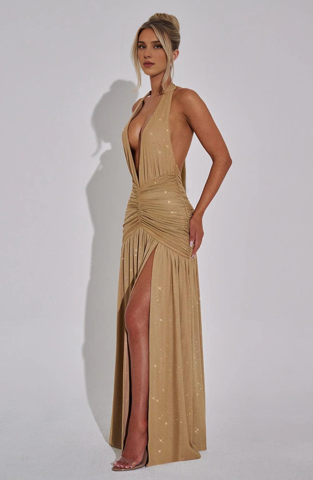 Red Shiny Luxury Low-cut Halter Neck Open Back Pleated High Slit Unique Long Prom Party Dress