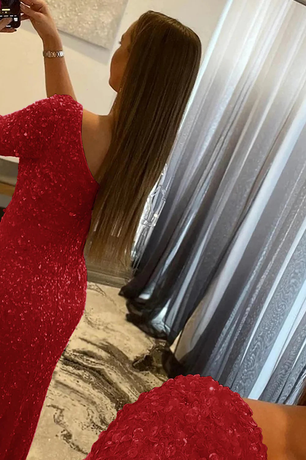 Mermaid Sequins Glitter One-Shoulder Prom Dress With Slit