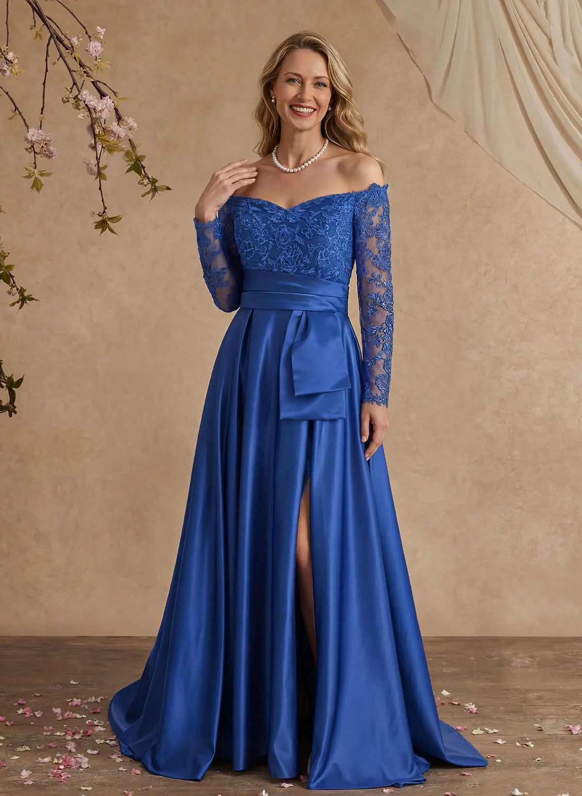 Regal A-Line Off-the-Shoulder Long Sleeve Royal Blue Lace & Satin Evening Gown Mother of the Bride Dress