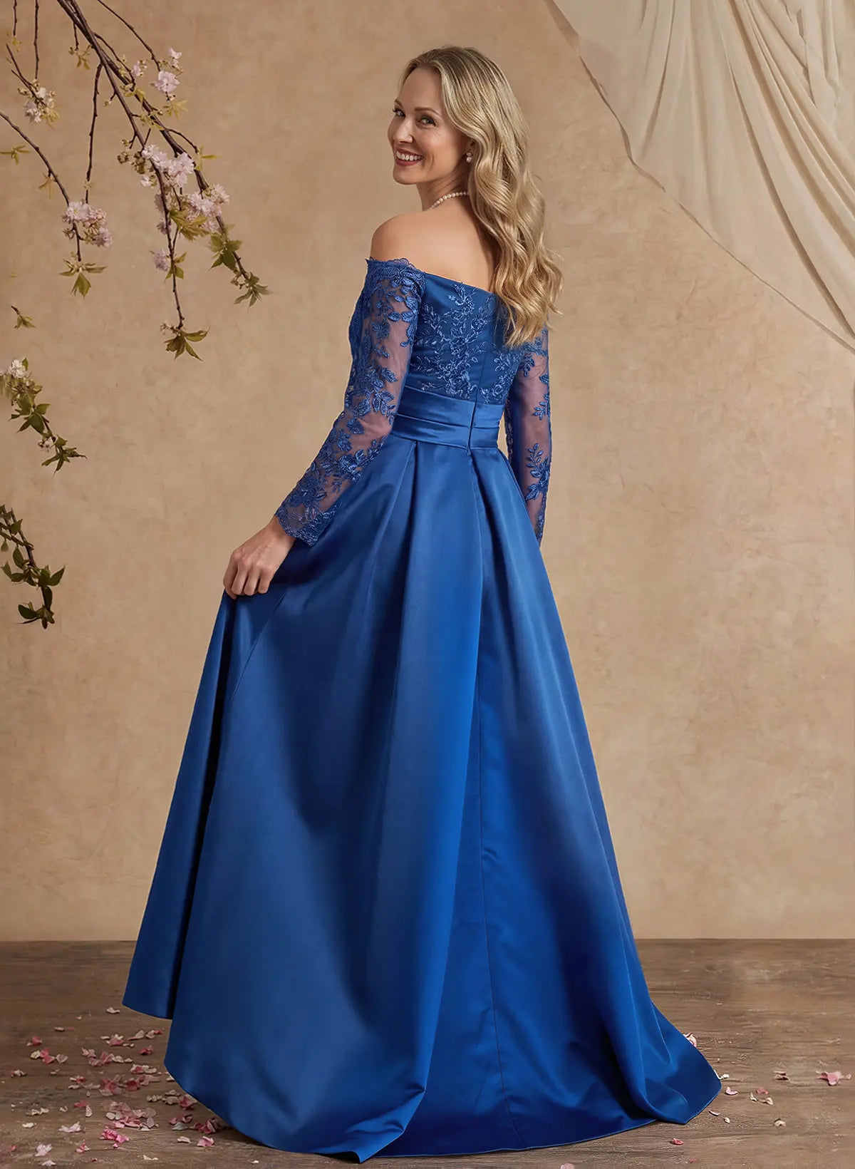 Regal A-Line Off-the-Shoulder Long Sleeve Royal Blue Lace & Satin Evening Gown Mother of the Bride Dress