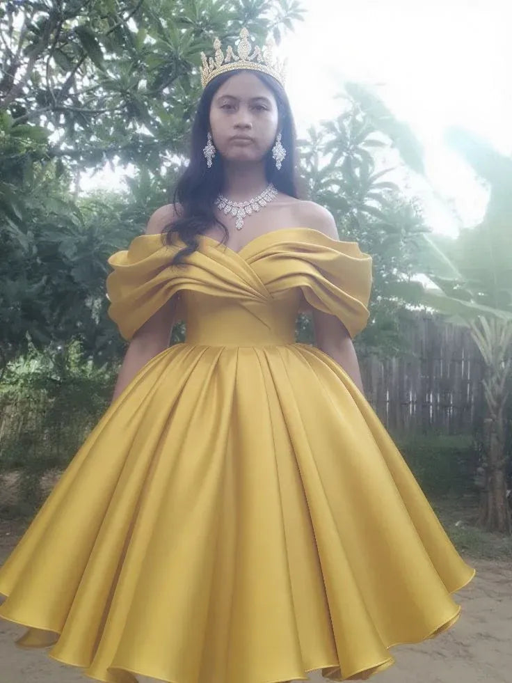 Regal A-Line Off-the-Shoulder Satin Midi Ball Gown