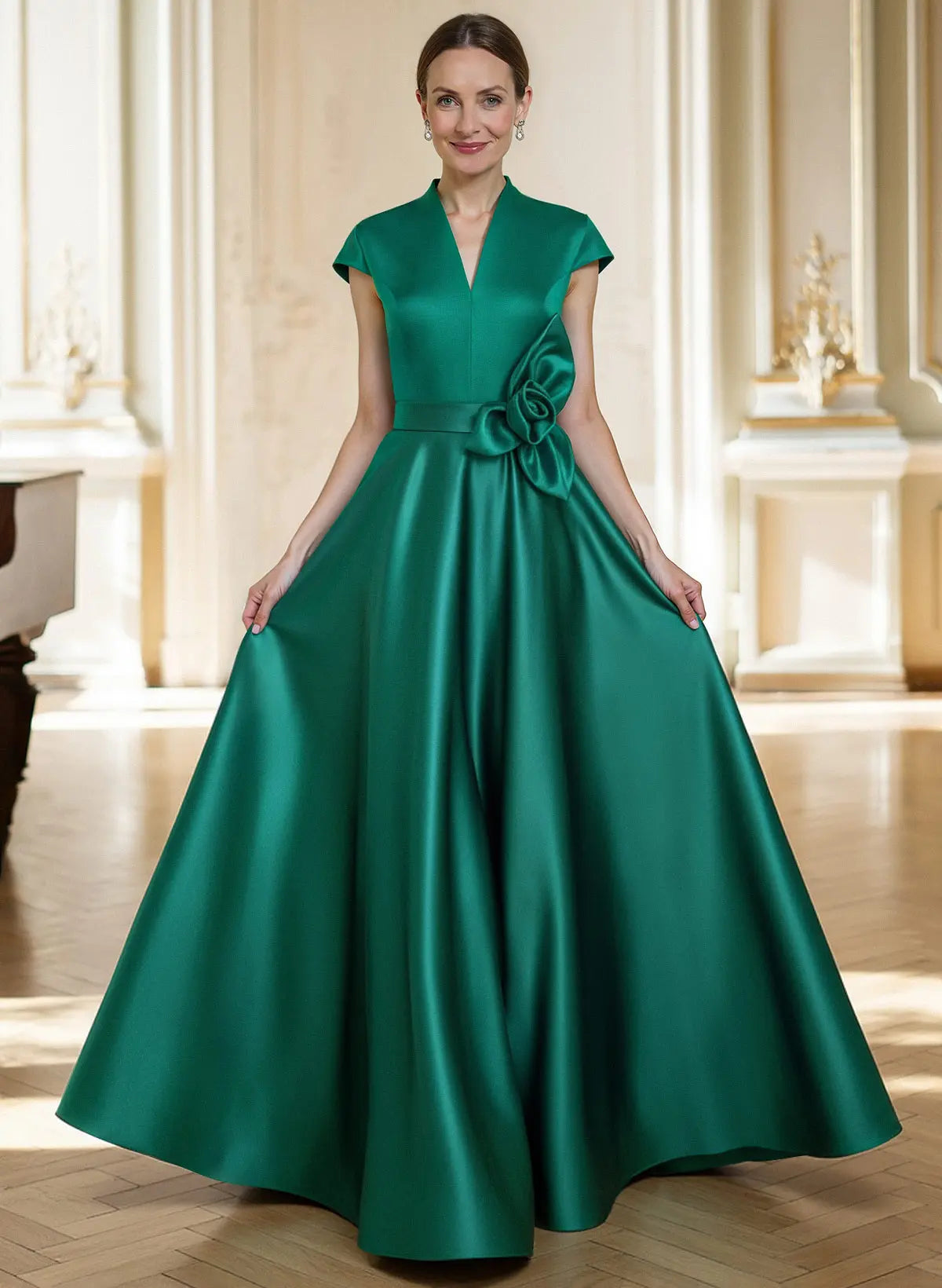 Regal A-Line V-Neck Cap Sleeve Emerald Green Satin Evening Gown with Floral Detail Mother of the Bride Dress