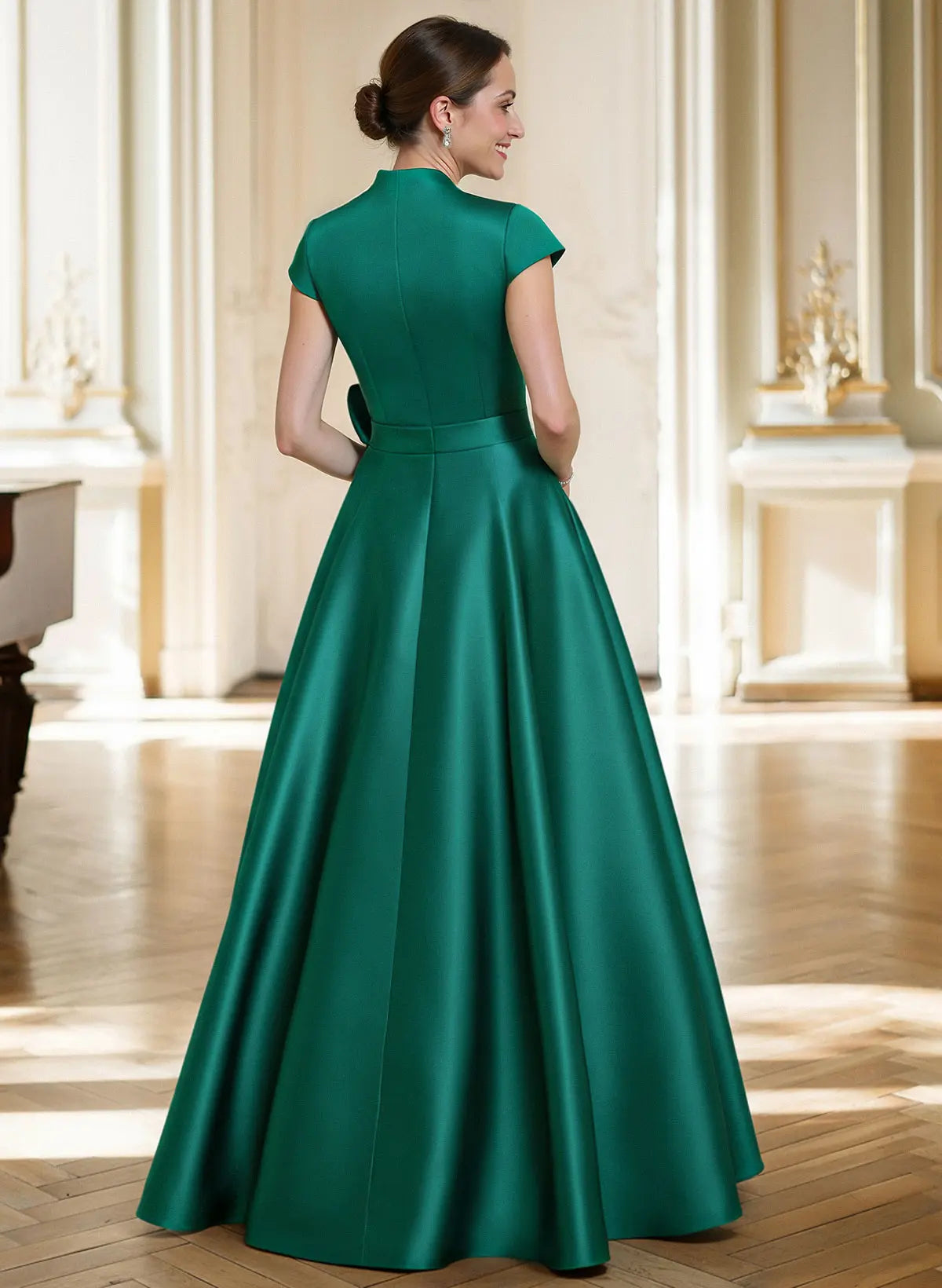 Regal A-Line V-Neck Cap Sleeve Emerald Green Satin Evening Gown with Floral Detail Mother of the Bride Dress