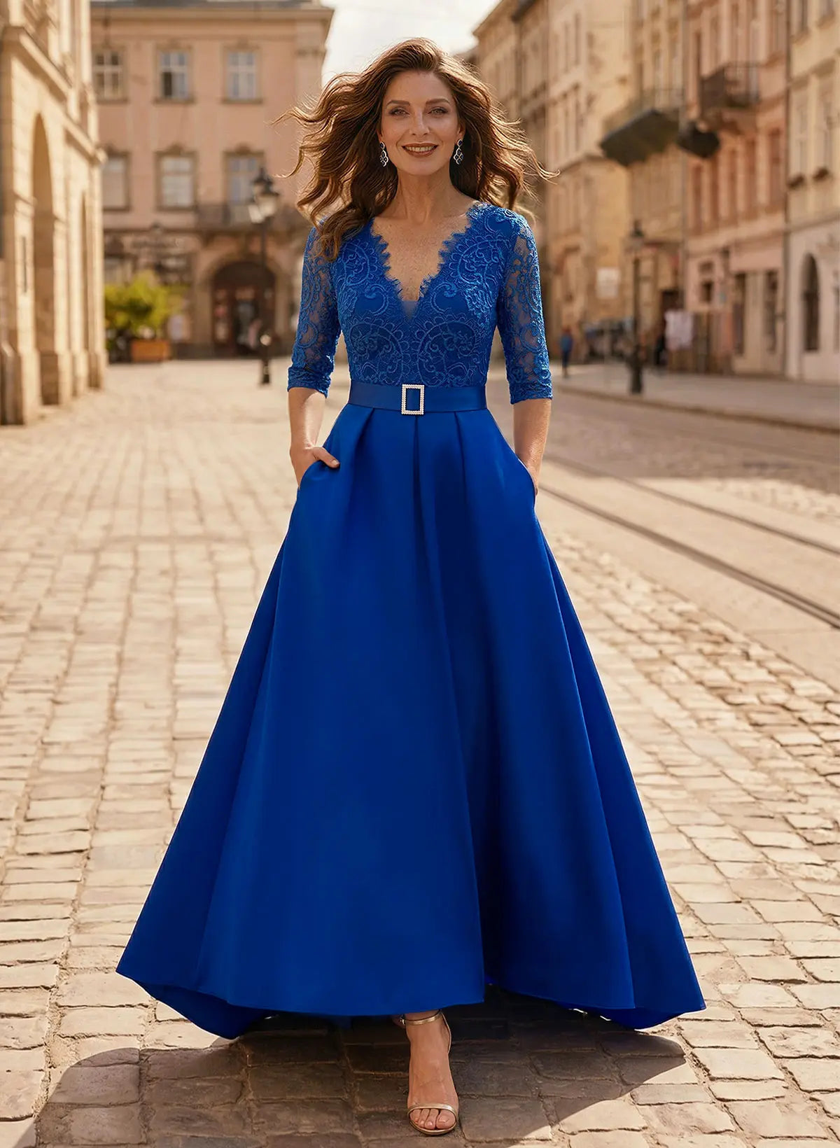 Regal A-Line V-Neck Three-Quarter Sleeve Royal Blue Lace & Satin Evening Gown with Belt Mother of the Bride Dress