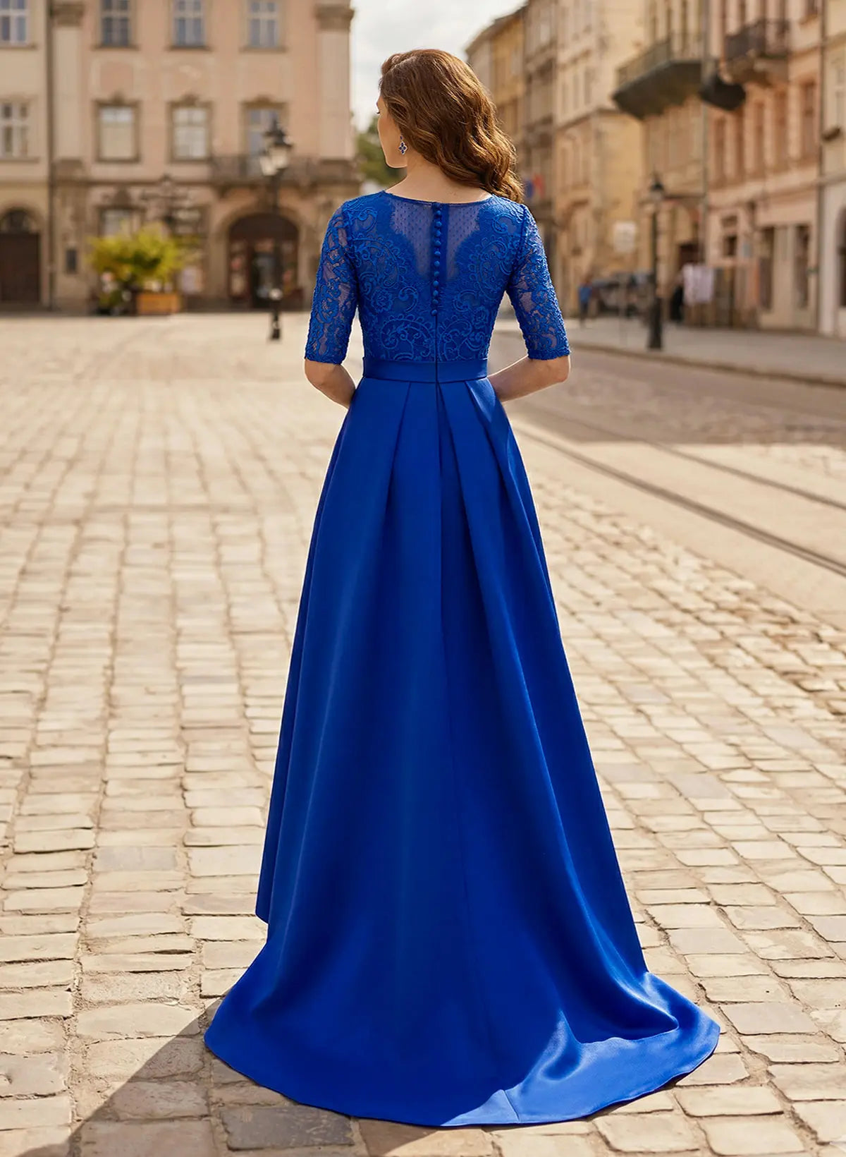 Regal A-Line V-Neck Three-Quarter Sleeve Royal Blue Lace & Satin Evening Gown with Belt Mother of the Bride Dress