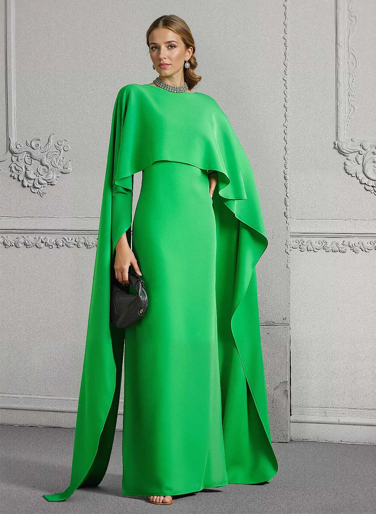 Regal Emerald Green Cape-Sleeve Column Evening Gown with Open Back