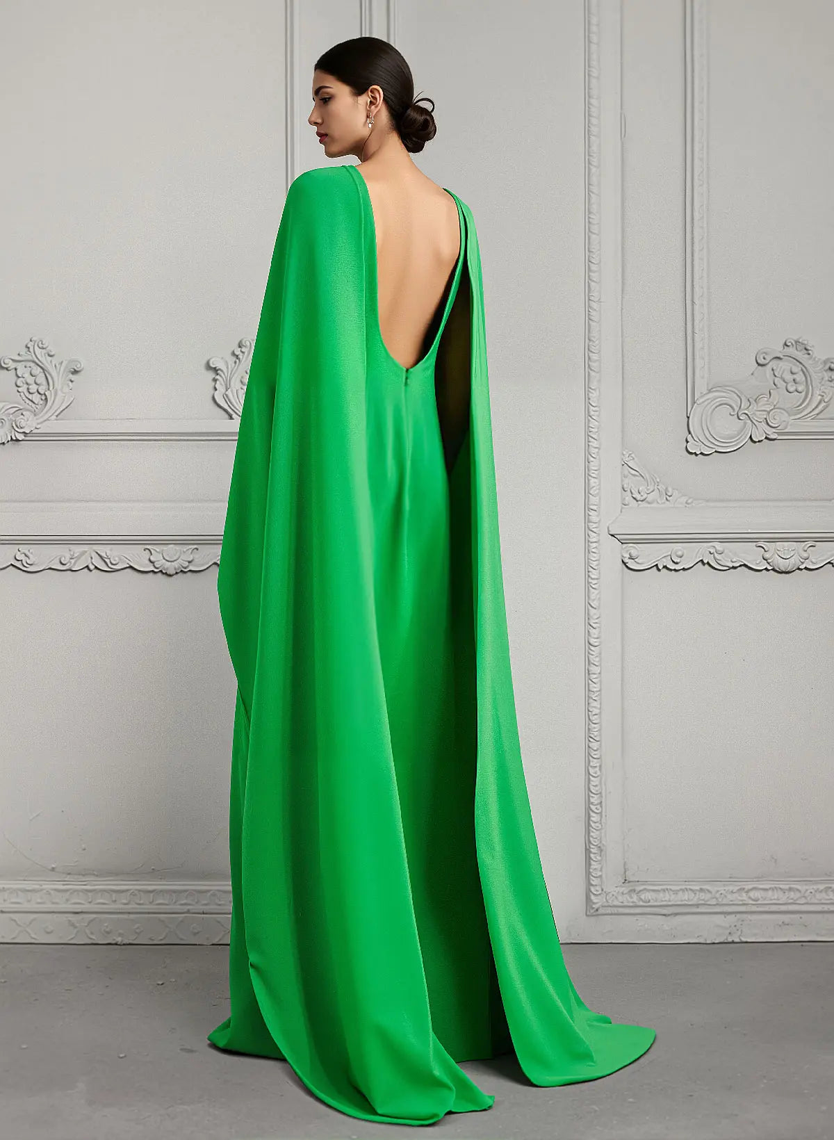 Regal Emerald Green Cape-Sleeve Column Evening Gown with Open Back