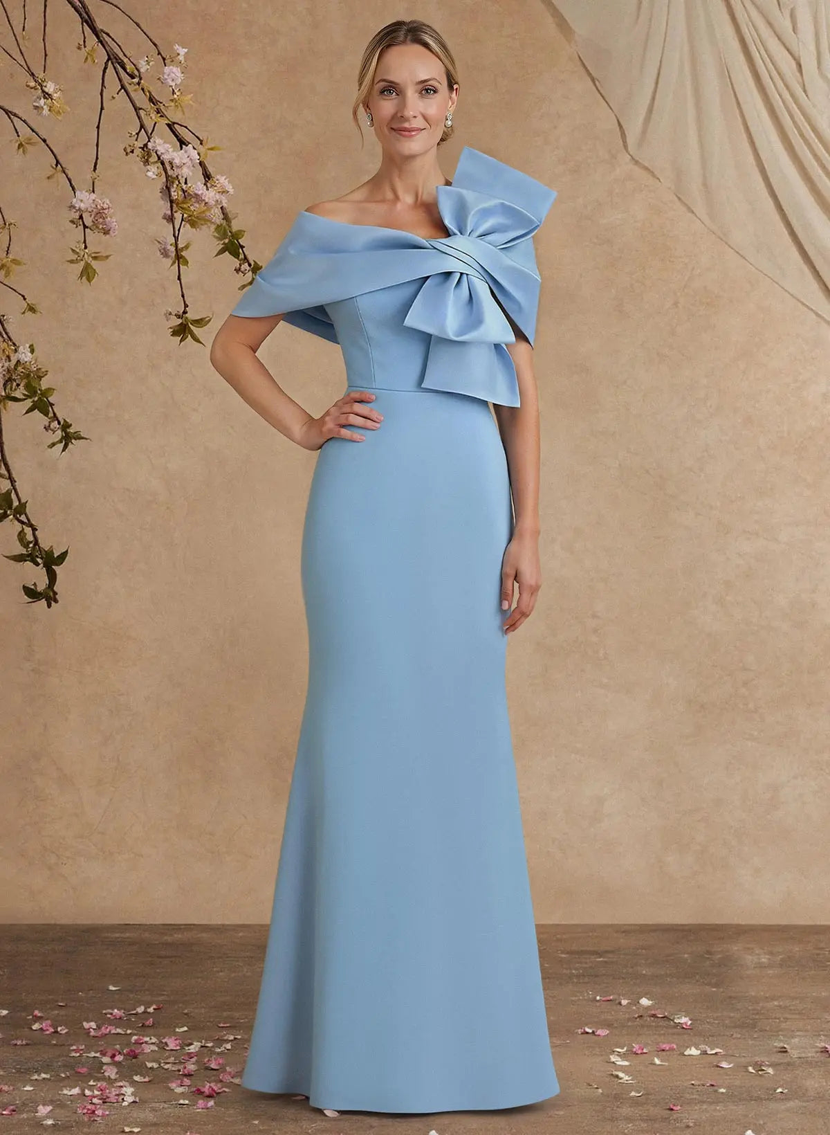 Regal Light Blue Off-the-Shoulder Mermaid Evening Gown with Statement Bow Detail