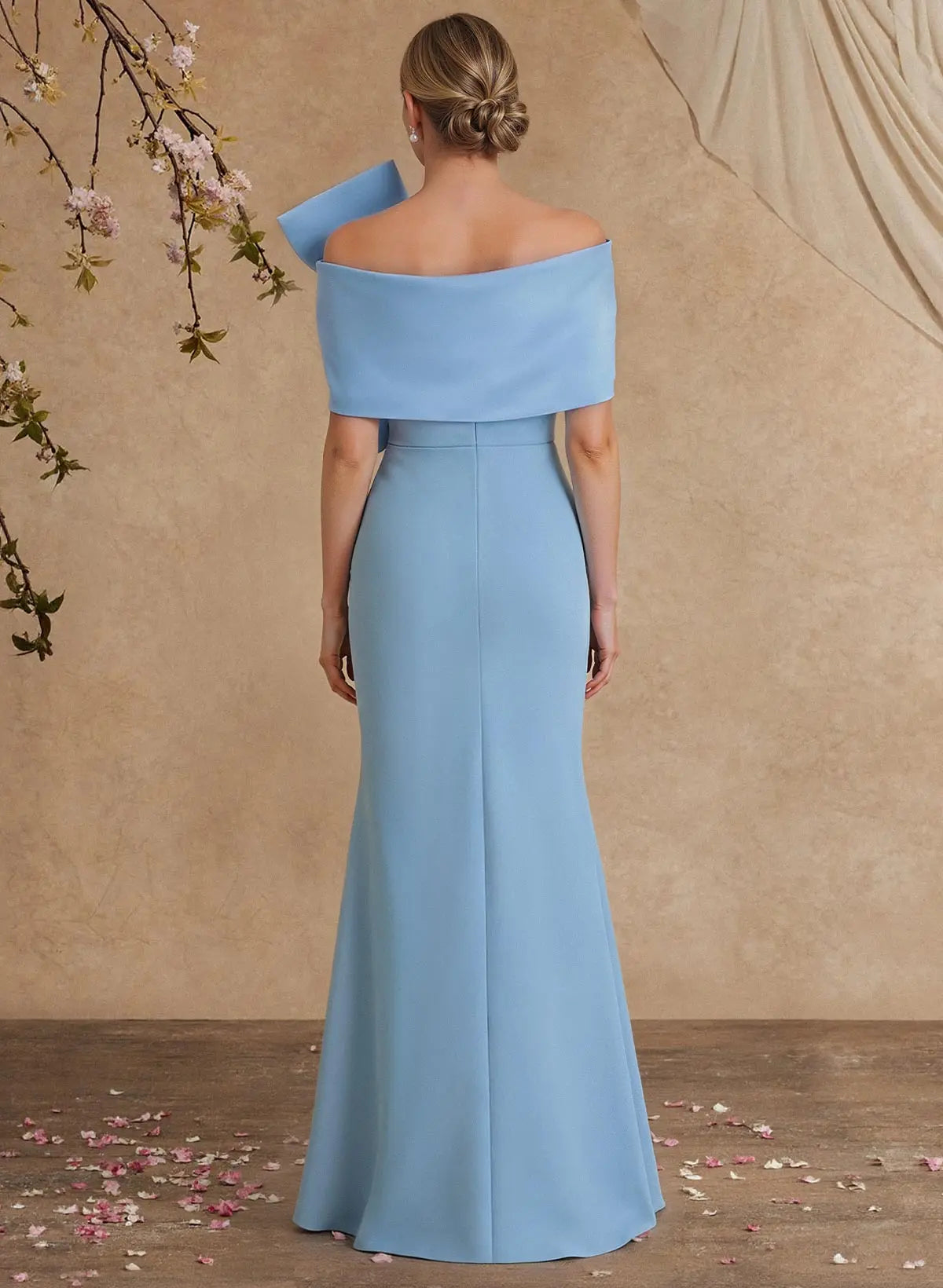 Regal Light Blue Off-the-Shoulder Mermaid Evening Gown with Statement Bow Detail