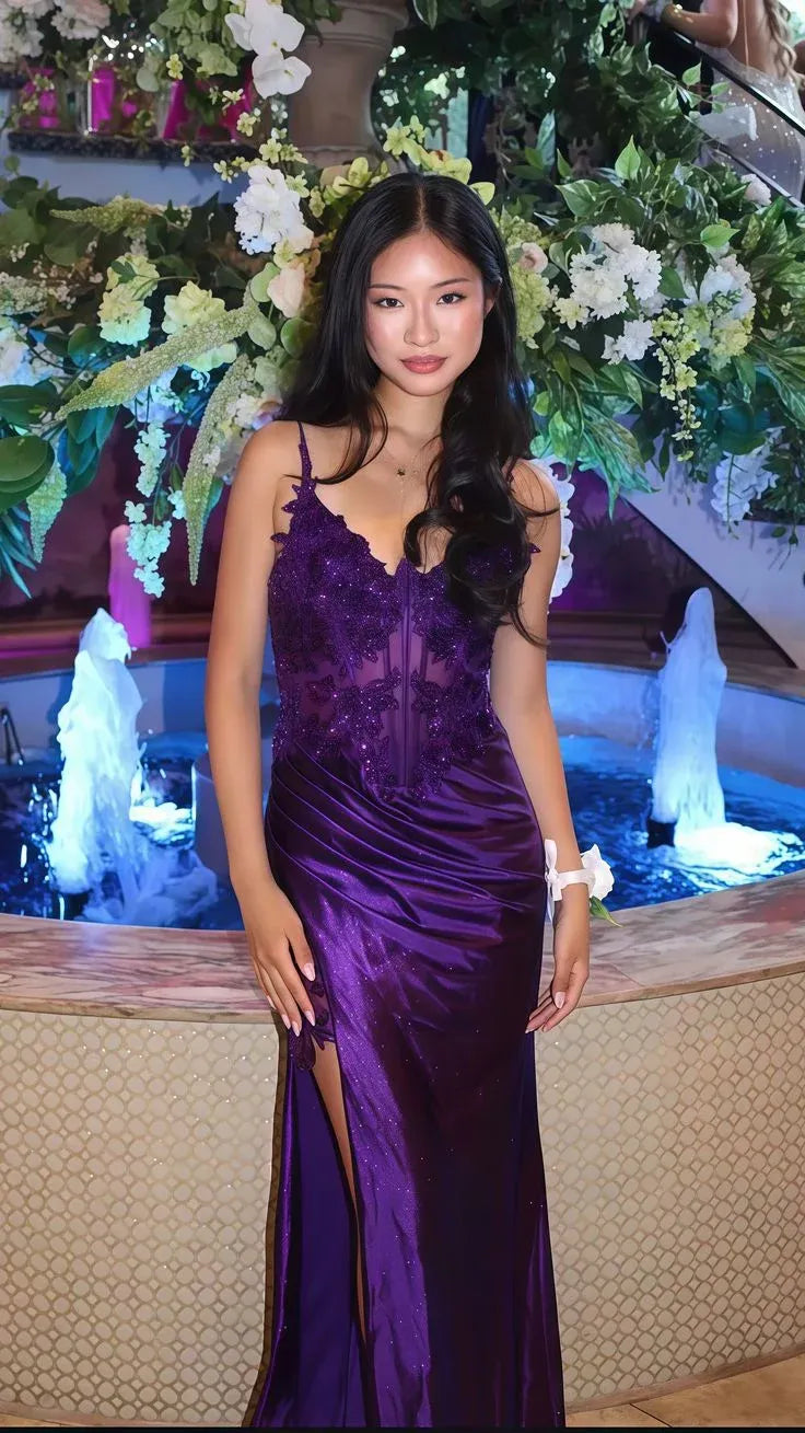 Regal Mermaid Spaghetti Strap Sweetheart Sequin Floral Lace-Up High Slit Floor-Length Evening Gown