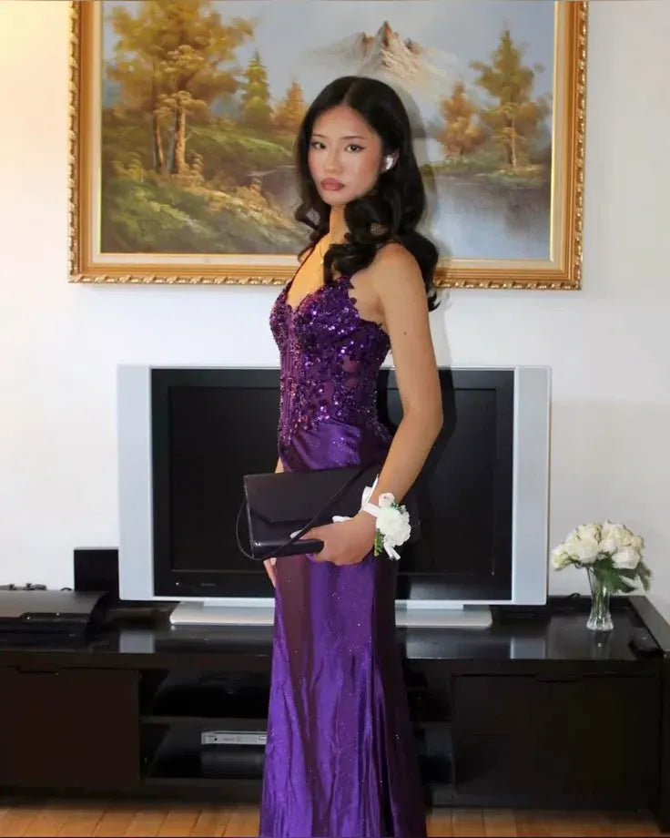 Regal Mermaid Spaghetti Strap Sweetheart Sequin Floral Lace-Up High Slit Floor-Length Evening Gown