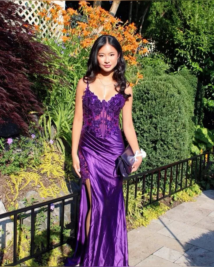 Regal Mermaid Spaghetti Strap Sweetheart Sequin Floral Lace-Up High Slit Floor-Length Evening Gown